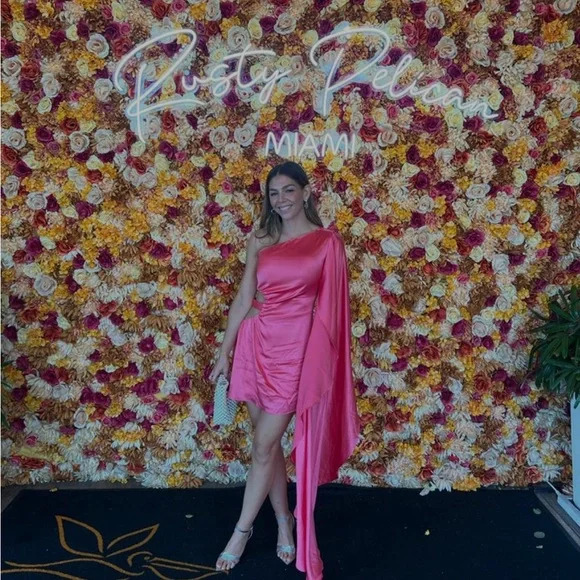 cult gaia One-Shoulder Hot Pink Satin Mini Dress with Draped Sleeve - Picture 2 of 5